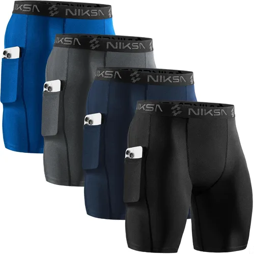 Miniatura 13 de Niksa Paquete de 2/4 pantalones cortos de compresión para hombre con bolsillo, pantalones cortos de elastano para correr, deportes, atletismo