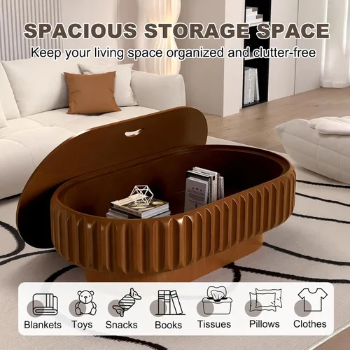 Miniatura 3 de Mesa auxiliar ovalada con almacenamiento, mesa de centro moderna acanalada de 43.3 pulgadas con tapa extraíble para sala de estar, mesa central