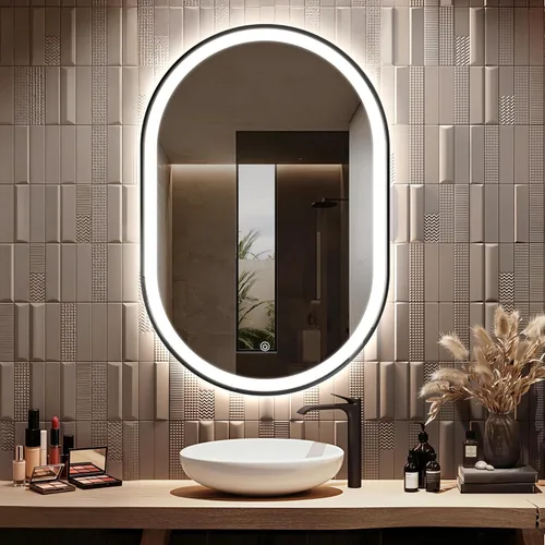 Espejo de baño LED ovalado, espejo retroiluminado de 36 x 24 pulgadas con luz para pared con marco negro, antivaho, regulable, frontal, 3 colores,