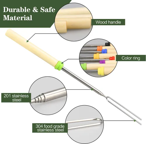 Miniatura 4 de Juego de 5 palitos para asar malvaviscos, brochetas extensibles de metal de 32 pulgadas de largo con mango de madera, para malvavisco, perros