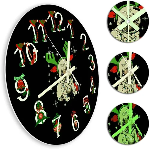 Miniatura 6 de The Geeky Days Reloj que brilla en la oscuridad, adorno de Navidad Pug funciona con pilas, reloj de pared luminoso de cuarzo silencioso con diseño