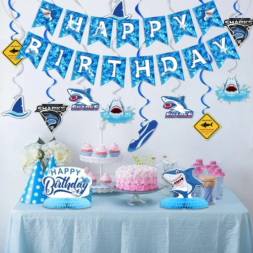 Miniatura 6 de Juego de 28 piezas de decoración de fiesta de cumpleaños de tiburón, incluye 12 espirales colgantes de feliz cumpleaños, 12 recortes colgantes, 3