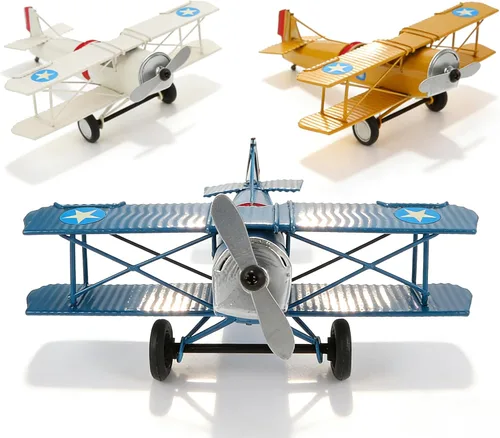 NUOBESTY Juego de 3 piezas de decoración de avión de metal vintage, modelo de biplano de hierro retro, adornos de aviación, decoración de escritorio