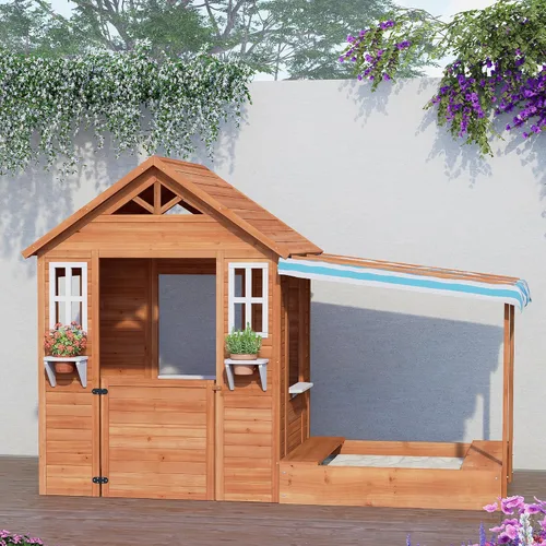 Miniatura 6 de BIRASIL Casa de juegos para niños con arenero, casa de juego de madera para exteriores con fosa de arena para jardín trasero, edades de 3 a 10 años