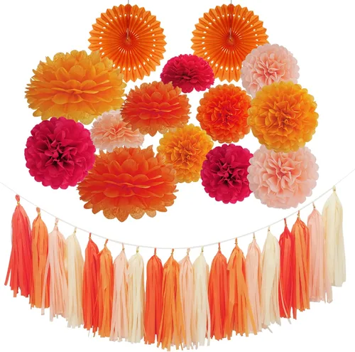 Envibe Decoraciones de fiesta naranja – Pompones de papel de seda para novia, bebé, bodas y fiestas de cumpleaños – 34 piezas de decoración de boda