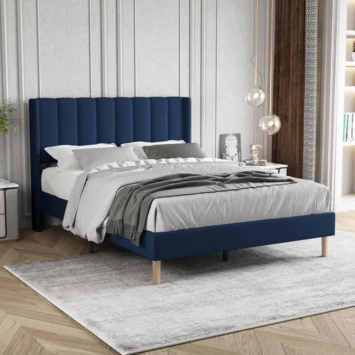 Miniatura 14 de Marco de Cama Tapizada de Plataforma Tamaño Full con Cabecero, Soporte de Listones de Madera Resistentes, No Necesita Somier, Montaje Fácil, Beige