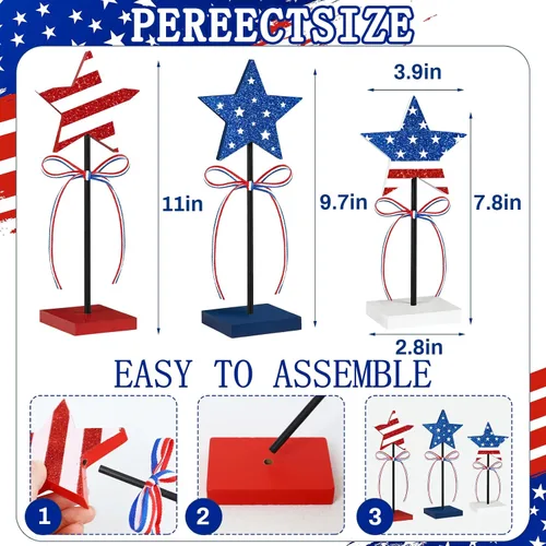 Miniatura 8 de 3PCS 4th of July Table Decorations, 4th of July Decorations for Table, Double Sided Printing Design Rustic Patriotic Decorations, Red White and Blue