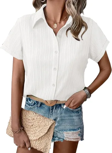 Miniatura 12 de HOTOUCH Camisa de vestir de manga corta con botones para mujer, cuello en V, con botones, para verano, con textura, para el trabajo