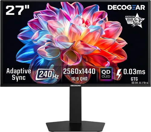Deco Gear Monitor para juegos OLED 27 QHD | Respuesta de 280Hz 0.03ms, HDR400, sincronización adaptativa, 99% sRGB, contraste 1.5M:1, diseño sin