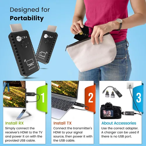 Miniatura 7 de CR4 Transmisor y receptor HDMI inalámbrico, 5G de baja latencia, Plug & Play, entrada 4K/salida 1080P, kit extensor para transmitir video/audio