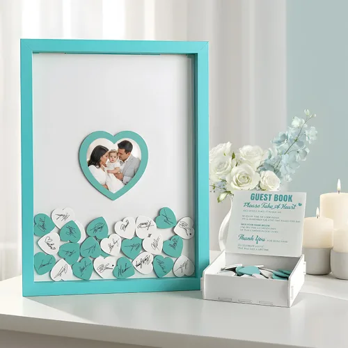 Miniatura 2 de Libro de invitados de boda azul alternativo para recepción con corazones de madera, un marco, decoración de libros, recuerdos para boda, ideas