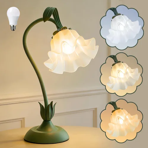 Bedside Table Lamp for Bedroom, Vintage Flower Table Lamps, LED Reading Light 3 Color Modes Bedside Lamps, Nightstand Lamp Kawaii Desk Lamps for
