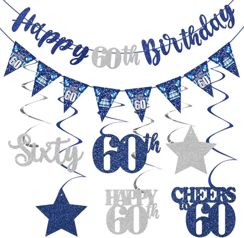 Miniatura 10 de Decoración de cumpleaños número 18 azul y plateado para niños y niñas, pancarta de feliz cumpleaños 18 con estrellas de dieciocho años de edad