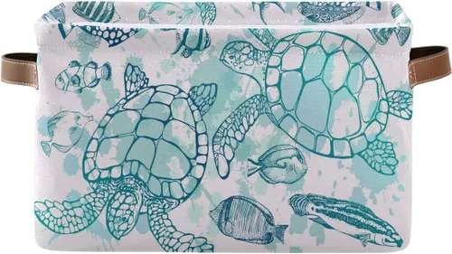Miniatura 13 de Cesta de almacenamiento en cubo tropical con tortugas marinas y peces plegables grandes, caja de almacenamiento para juguetes, organizador