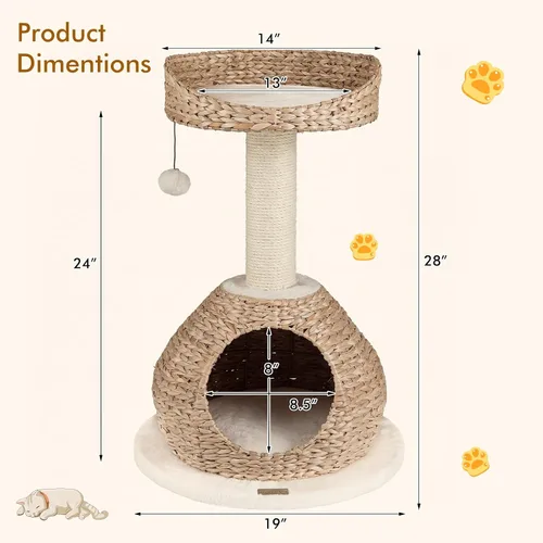 Miniatura 4 de PETSITE Árbol para gatos moderno de 28 pulgadas, poste rascador de sisal de sisal de torre para gatos, hecho a mano y percha superior, bola colgante