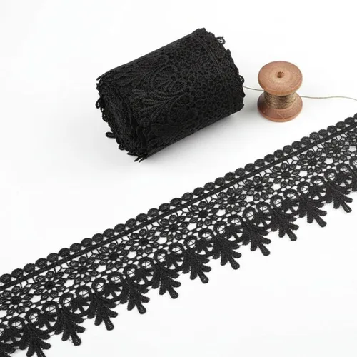 Cinta de encaje bordado floral negro de 3.5 pulgadas de ancho - Cinta de encaje Venecia de 3 yardas para costura, vestido de novia, decoración del