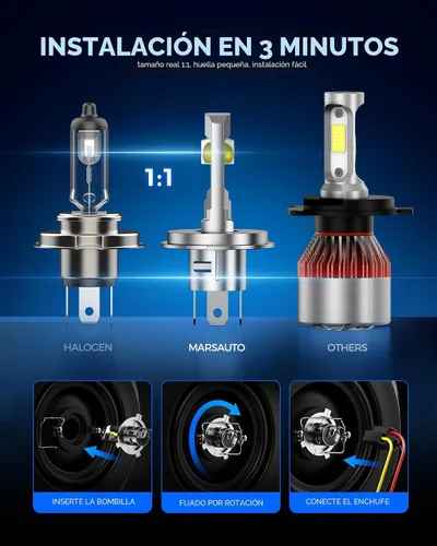 Miniatura 4 de Marsauto Bombillas LED H4, 1200% de brillo, 70000 lm, blanco frío 6500K, tamaño mini halógeno 1:1, anillo ajustable de 8 agujeros para haz perfecto