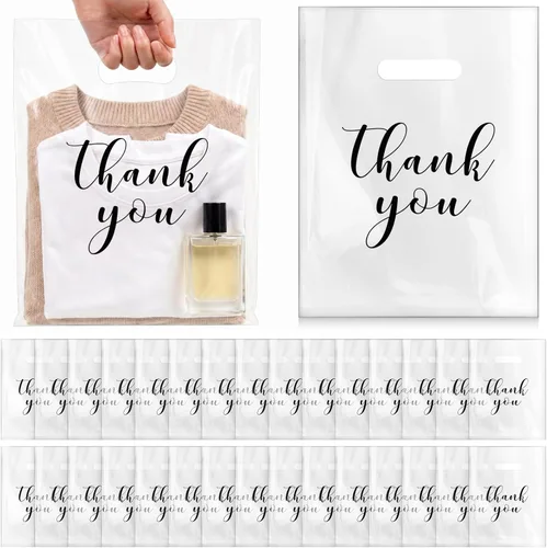 Miniatura 9 de Crtiin 100 piezas de bolsas de mercancía transparentes con texto "Thank You" y asas troqueladas, bolsas de plástico para camisetas, embalaje