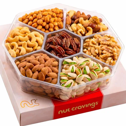 Cesta de regalo de frutos secos mixtos en caja roja (7 variedades, 1 lb), bandeja de bocadillos kosher saludables gourmet para regalo de navidad,