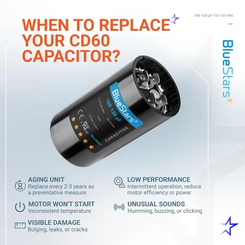 Miniatura 10 de [[Listado UL] BlueStars 108-130 uF MFD 110-125 VCA voltios ±20% 50/60 Hz CD60 Condensador de arranque redondo AC Pieza de repuesto eléctrico
