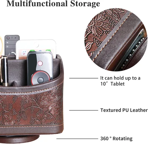 Miniatura 2 de YAPISHI Soporte para control remoto de cuero antiguo, caja giratoria de 360 grados para escritorio, organizador de mesa de noche para control
