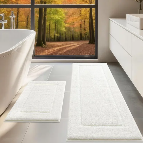 Miniatura 43 de Juego de alfombras de baño de 3 piezas de color blanco hueso, ultra suave, gruesa, esponjosa, microfibra absorbente, parte trasera antideslizante