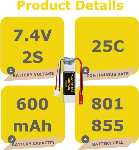 Miniatura 3 de Batería de 7.4V 600mAh 801855 compatible con WLtoys Toys XK A280 A160 A300 RC Airplane, P51 Mustang 4 canales 6G/3D sin escobillas 2.4G avión
