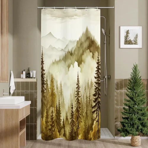 Miniatura 17 de Litabel - Cortina de ducha negra pequeña de 36 x 72 pulgadas, diseño de bosque de pino neblinoso, cortinas de ducha estrechas de medio