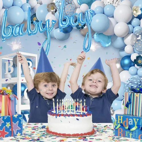 Miniatura 5 de Amandir 137 globos azules para baby shower para niño con cajas de bebé, kit de arco de globos blancos y azules, cajas de bebé con letra