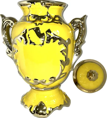 Miniatura 2 de Sopera de porcelana para Ochun amarilla con acentos dorados en forma de trofeo con capacidad de 4 litros