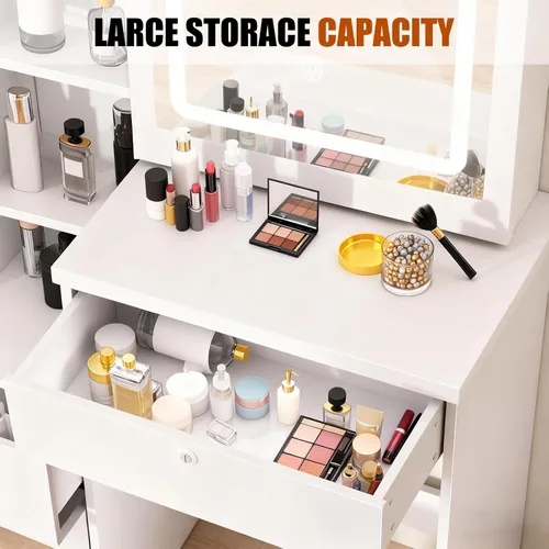 Miniatura 7 de Escritorio de tocador de maquillaje con espejo y luces, mesa de tocador con 4 cajones, 7 estantes y espacio extra oculto, tocador compacto
