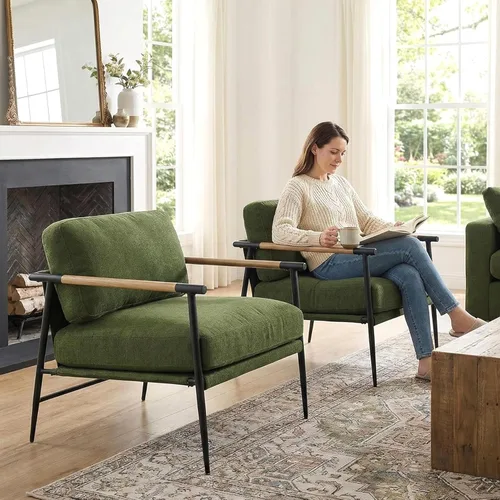 Miniatura 10 de DUOMAY Silla moderna de mediados de siglo, sillón de piel sintética marrón, silla de dormitorio con patas de metal para sala de estar, lectura