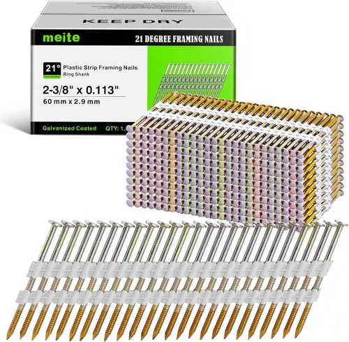 Miniatura 10 de meite Clavos de encuadre, 21 grados 3-1/4" X 0.131", clavos galvanizados de cabeza redonda (1,000 unidades) con vástago liso para pistolas de clavos