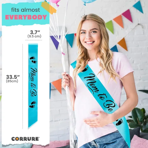 Miniatura 4 de CORRURE Baby Shower Mom to Be Faja para niño o niña – Hermosa cinta azul y texto de aluminio negro – Ideal para revelación de género, regalos