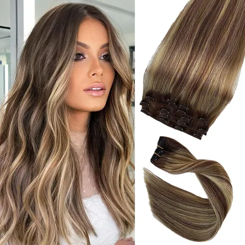Miniatura 20 de Extensiones de cabello humano real con clip, color blanco hielo, extensiones de cabello humano Remy con clip, 18 pulgadas, 7 piezas, 2.47 oz