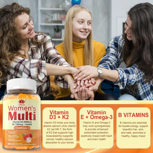 Miniatura 6 de Gomitas multivitamínicas para mujer, multivitamínico metilado para mujeres con Omega 3 (DHA/EPA), vitamina D3 K2, calcio, inositol, vitaminas