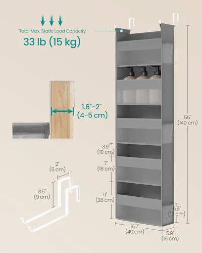 Miniatura 5 de SONGMICS Organizadores para colgar sobre la puerta, juego de 2 organizadores de puerta colgantes con 5 bolsillos grandes, almacenamiento de tela