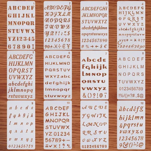 Plantillas de letras – Paquete de 12, 4 x 7 pulgadas, plantillas de plástico reutilizables del alfabeto para diario de viñetas, decoración de