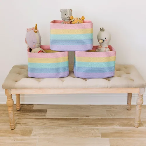 Miniatura 6 de OrganiHaus - Juego de 3 canastas con diseño de arcoíris para almacenamiento, canastas tejidas para organización, decoración pastel, guardar Pastel