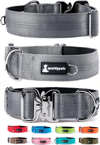 Miniatura 9 de SparklyPets Collar de perro ancho de servicio pesado con hebilla cromada de liberación rápida, collar táctico grueso para perro con rayas Azul