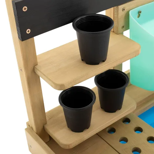 Miniatura 5 de TP Toys - Banco de macetas para niños, mesa de jardinería de madera para exteriores con ruedas, fregadero y grifo, estantes de almacenamiento