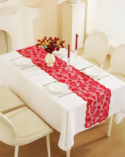 Miniatura 25 de Camino de mesa para el día de San Valentín, decoración del día de San Valentín, 70 pulgadas de largo, bordado rojo y rosa, camino de mesa de corazón
