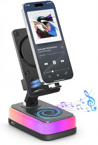 Tatiyana Wireless Induction Speaker with Cell Phone Stand, Bluetooth Audio Speaker Amplifier, Foldable Desk Holder with RGB Light for iPhone Android