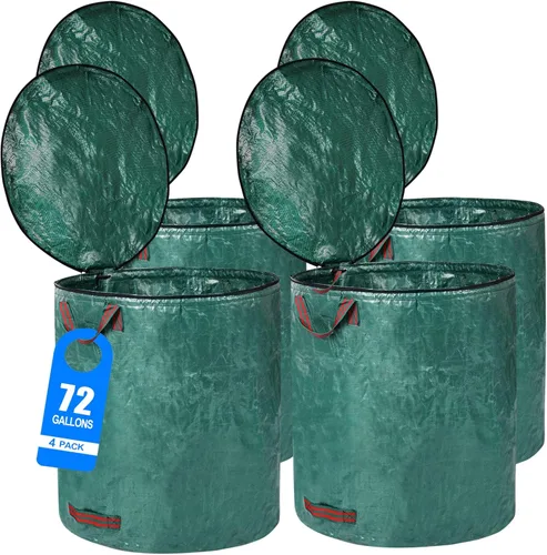 Paquete de 4 bolsas de basura reutilizables de 72 galones con tapa, bolsas extra grandes de hojas de césped, resistentes con 4 asas, bolsas de