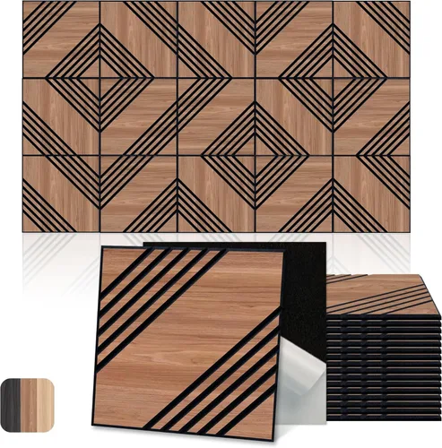 Mollywell Paneles acústicos, decoración de grano de madera de PVC, azulejos de pared con patrón tallado de 12 x 12 pulgadas, autoadhesivos para