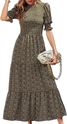Miniatura 109 de BTFBM Vestidos para mujer, cuello redondo, casual, de verano, con volantes, manga corta, bohemio, con niveles, fruncido, largo, con estampado floral