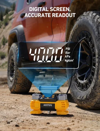 Miniatura 4 de AstroAI Bomba de inflado de neumáticos portátil de 160 PSI DC de alta resistencia con pantalla, cilindros duales y motores duales, compresor de aire