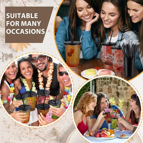 Miniatura 7 de tchrules Juego de 50 vasos de plástico negro de 16 onzas con tapas y pajitas, vaso de café helado desechable con tapa, vasos de plástico de fondo