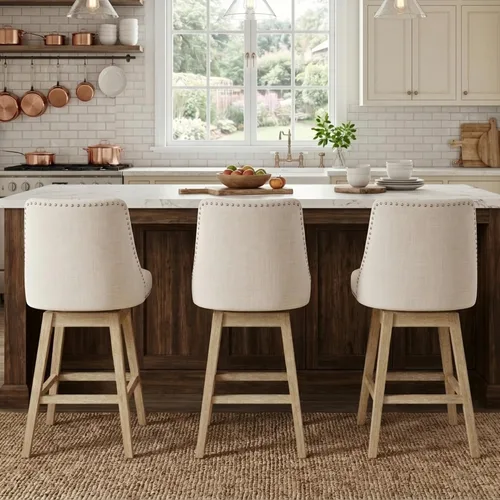 Miniatura 4 de Taburetes de Bar de Altura de Mostrador de 27.5 Pulgadas Taburetes de Cocina de Lino Modernos de Mediados de Siglo con Respaldo Patas de Madera Lino