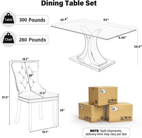 Miniatura 3 de Juego de comedor moderno de vidrio de lujo de 5 piezas, juego de cena rectangular minimalista grande para 4, juego de mesa de cocina de vidrio